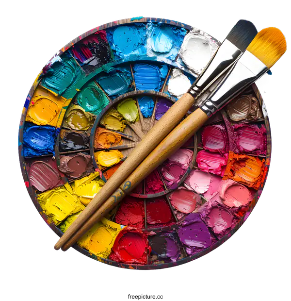 [Transparent Background PNG]Close up image of a painters palette and brushes on a white background