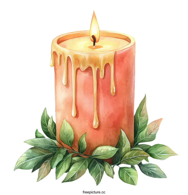 [Transparent Background PNG]Watercolor Illustration of a  Candle with Dripping Wax