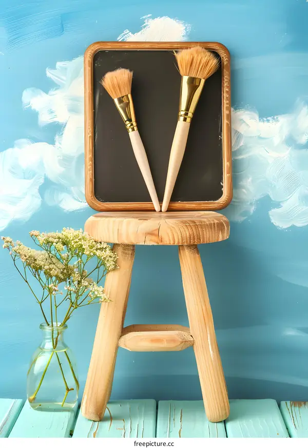 Two Paintbrushes on a Black Chalkboard Resting on a Wooden Stool with White Flowers in a Glass Vase