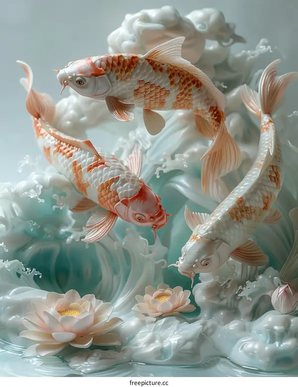 Carp swimming among water lilies