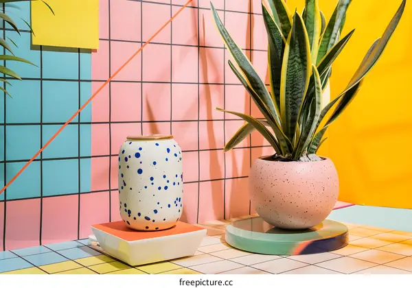 Potted Plant with Blue and White Dotted Ceramic Pot on Geometric Tile Floor