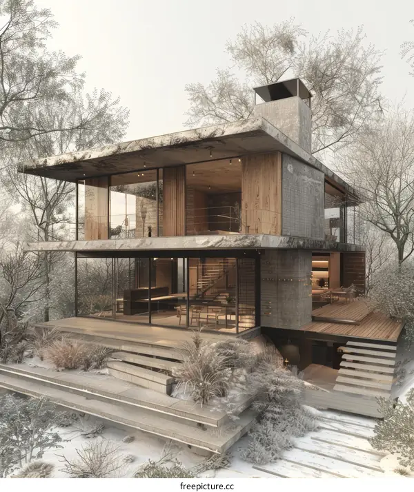 Modern Minimalist House with Snowy Landscape