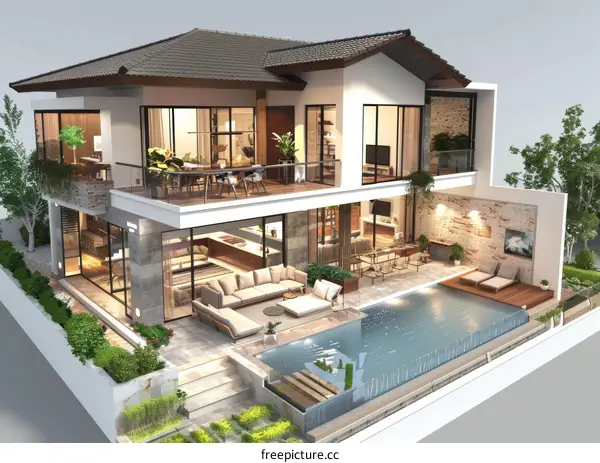 Modern Villa with a Pool and Courtyard