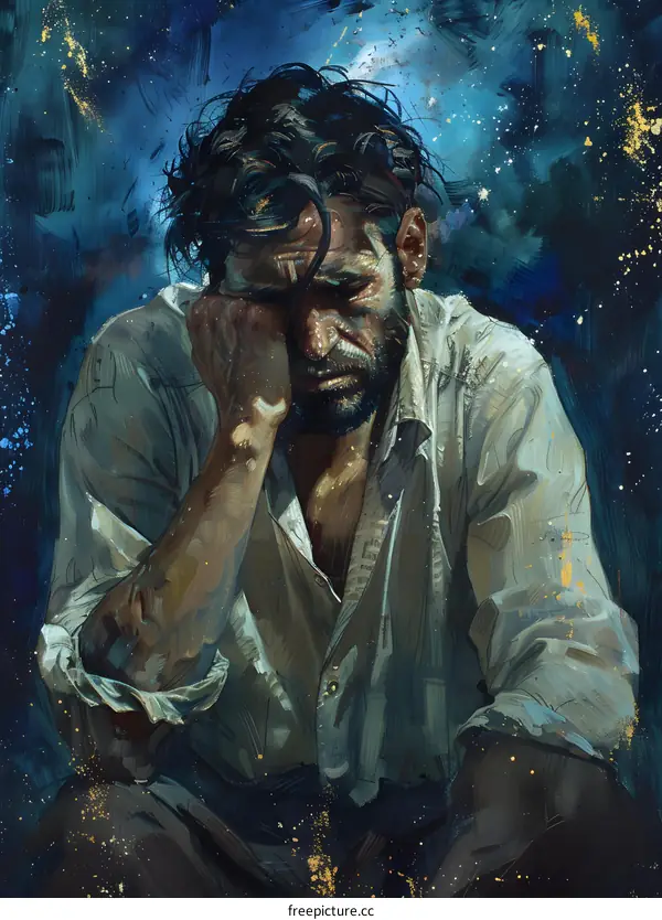 Man in White Shirt Depressed Under Blue Sky