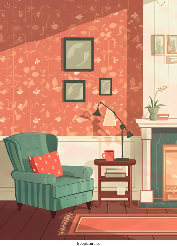 Cozy Living Room With Armchair and Floral Wallpaper