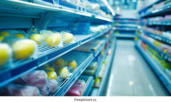 Supermarket Aisle with Cheese Products in Packages on Shelves