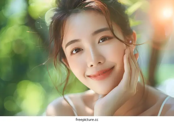 Smiling Asian Woman in Nature with Bokeh Background