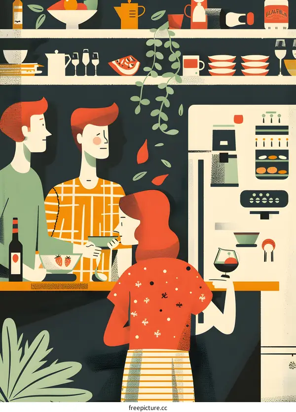 Three Friends Enjoying Drinks and Conversation in a Modern Kitchen Illustration