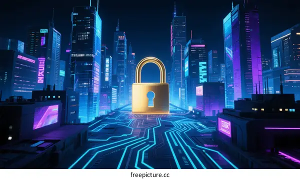 Smart City with Lock Symbol Illustrating Cybersecurity Concept