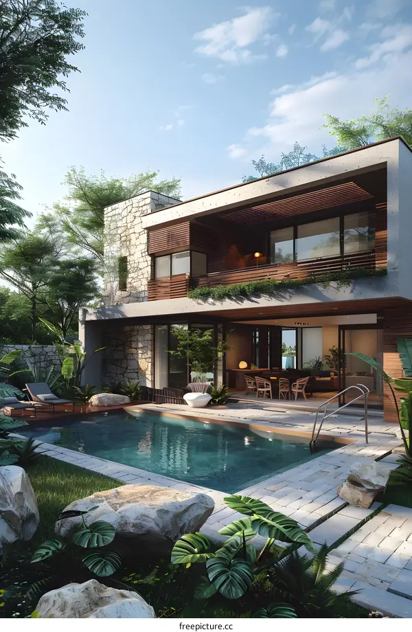Modern Minimalist House with Swimming Pool and Tropical Garden