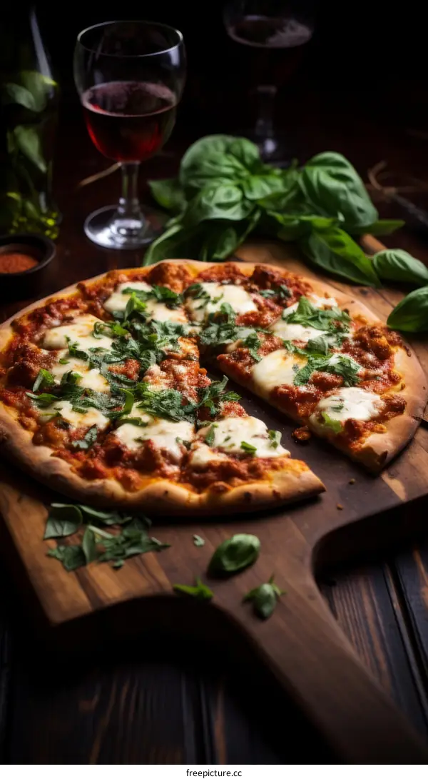 Close-up of a delicious pizza with basil and a glass of red wine