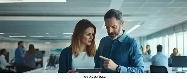 Two Coworkers Discuss Project Details On Tablet in Modern Office