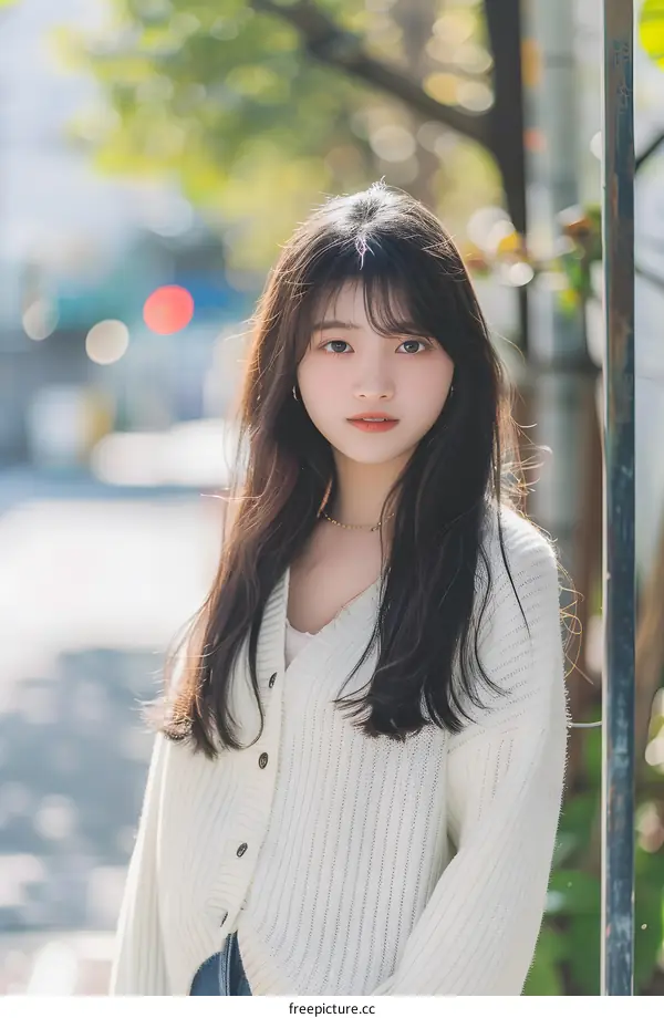 Young Asian Woman in White Cardigan Looking at Camera