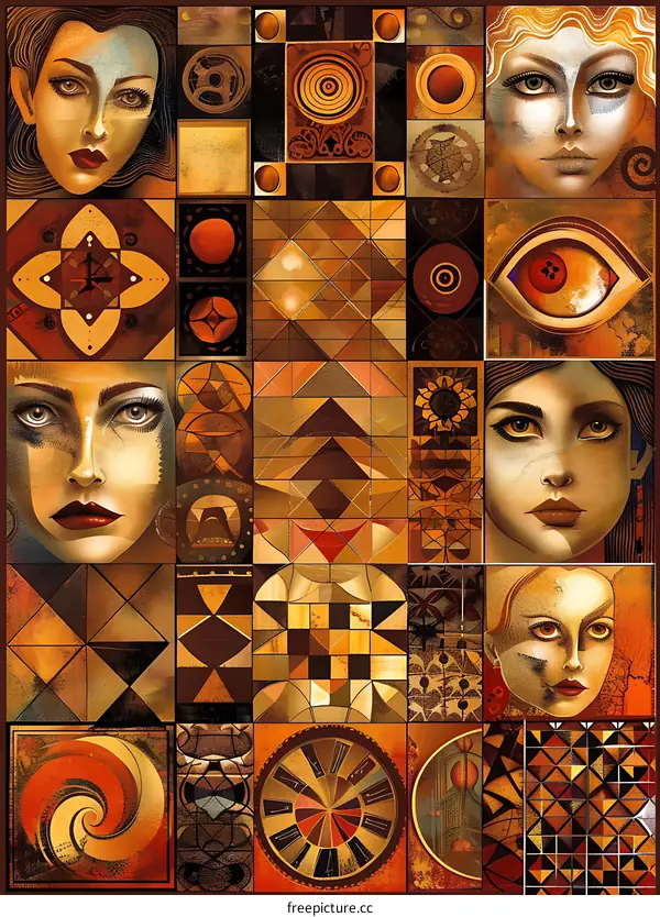 Geometric Abstract Artwork with Female Faces Collage