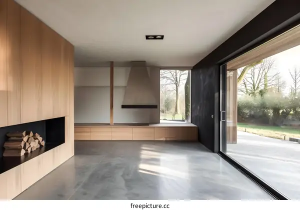 Modern Minimalist Home Interior Design with Concrete Floor and Fireplace