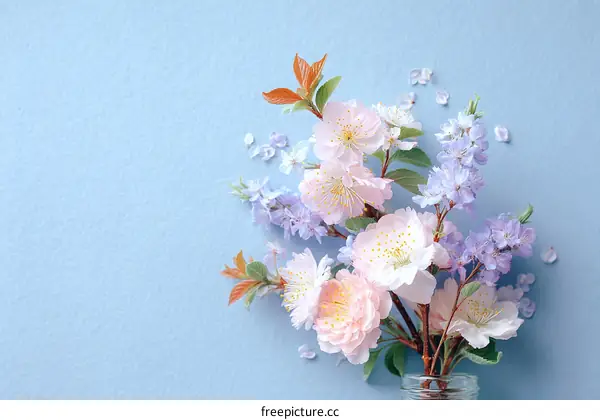 Beautiful Spring Floral Arrangement on a Light Blue Background