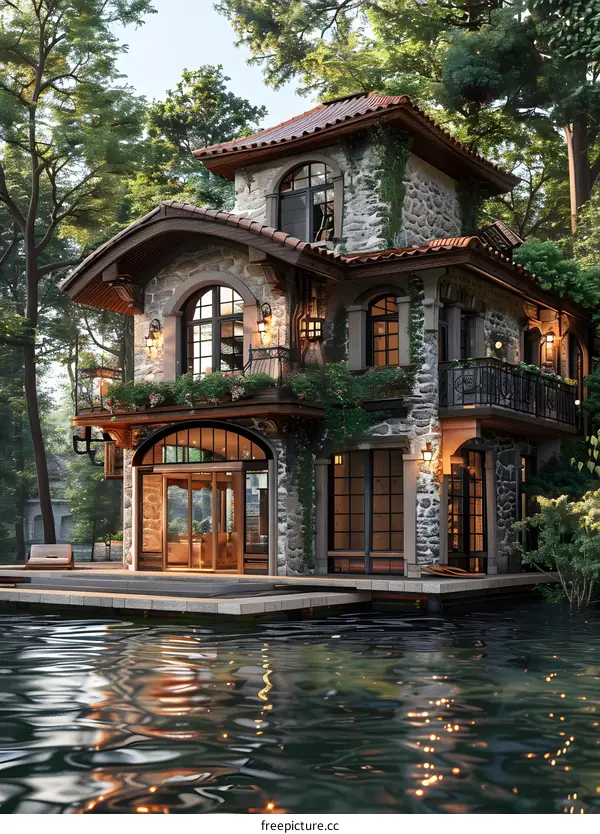 A beautiful stone house surrounded by trees and water