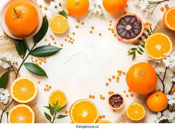 Fresh Orange Fruit and Flowers Background