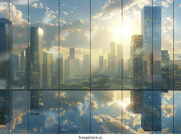 City Skyline View Through Modern Glass Windows