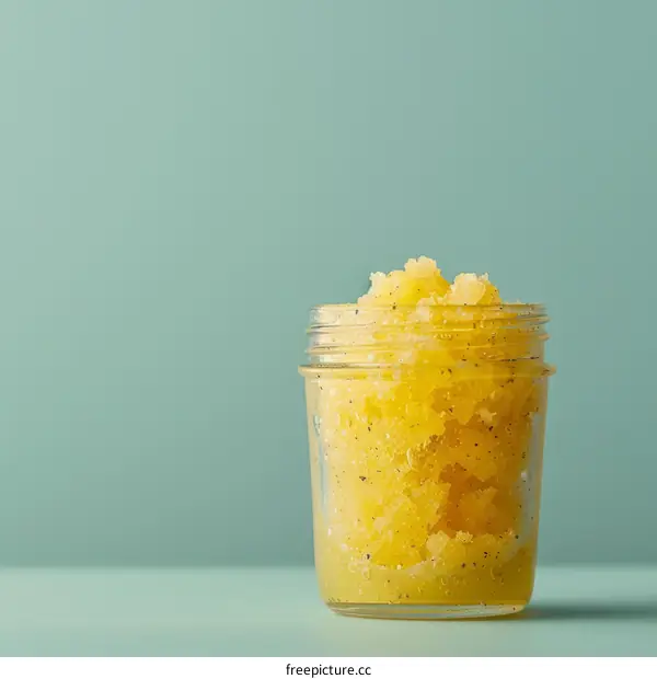 Close-up of a jar of yellow body scrub