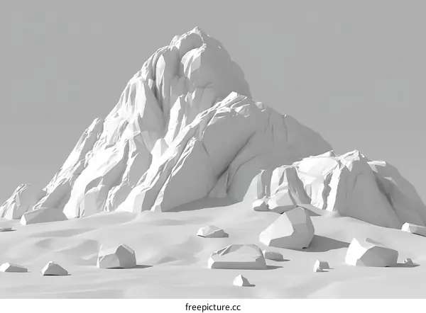 3D rendering of a rocky mountain landscape with large stones in the foreground