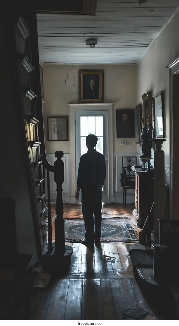 A person standing in a hallway with a dark background