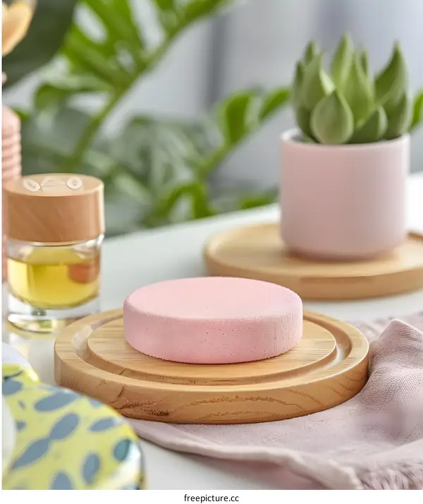Pink Makeup Sponge On Wooden Coaster