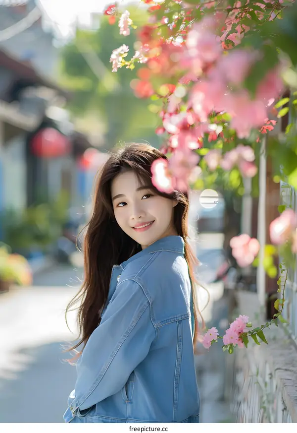 Smiling Asian Woman Wearing Blue Denim Jacket
