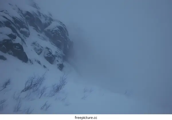 Snowy Mountain Peak with Fog