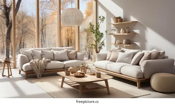 Airy and bright living room with large windows and a comfortable sofa