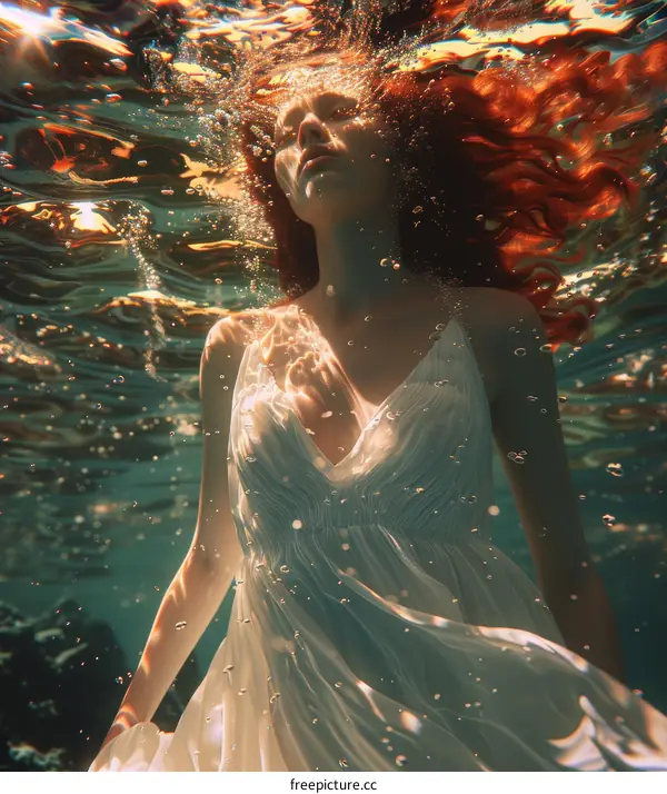Redhead woman in a white dress swimming underwater