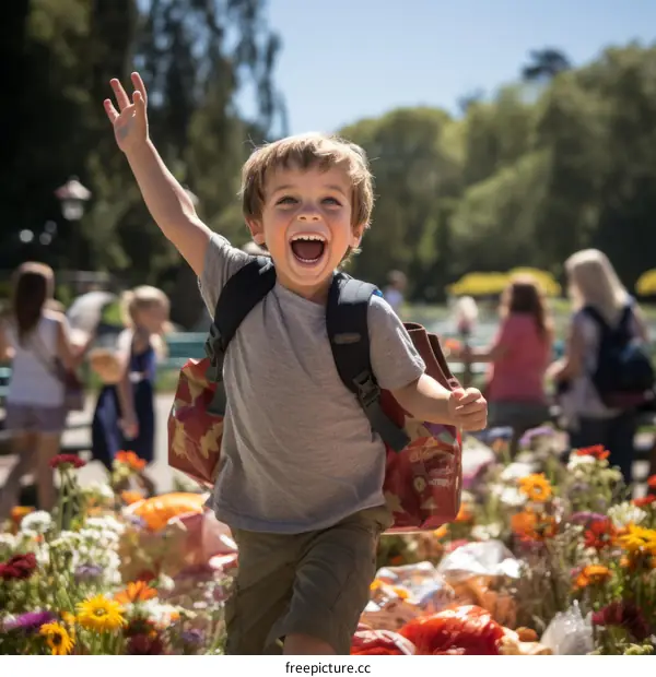 Little boy running through a field of flowers