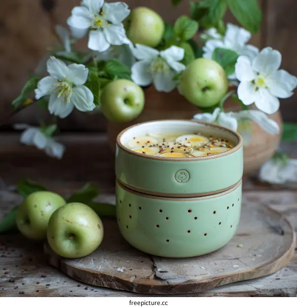 Still life with ceramic ware and apples