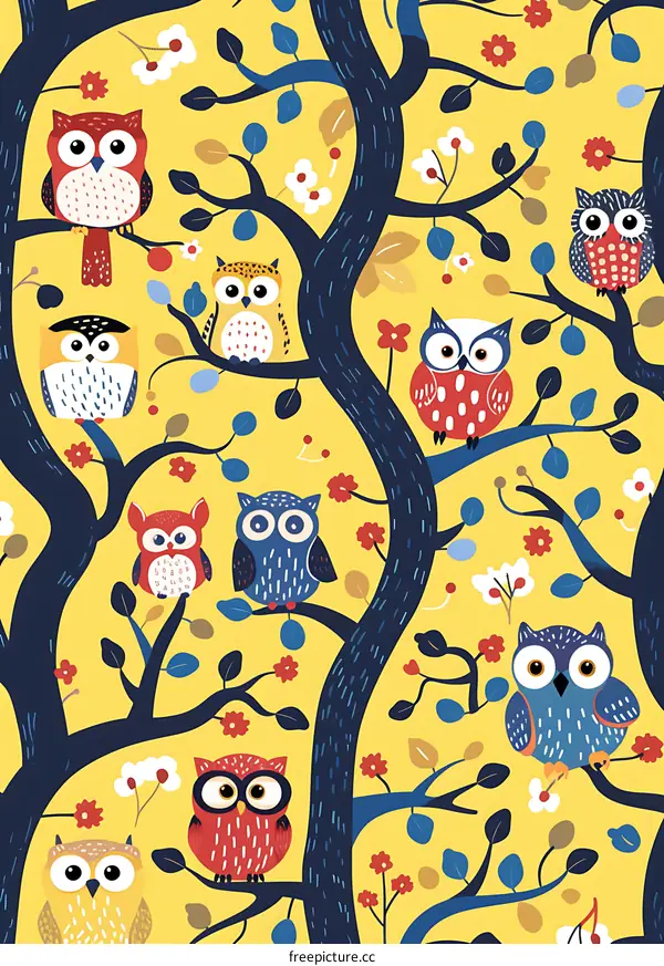 Colorful Owl Pattern on Yellow Background