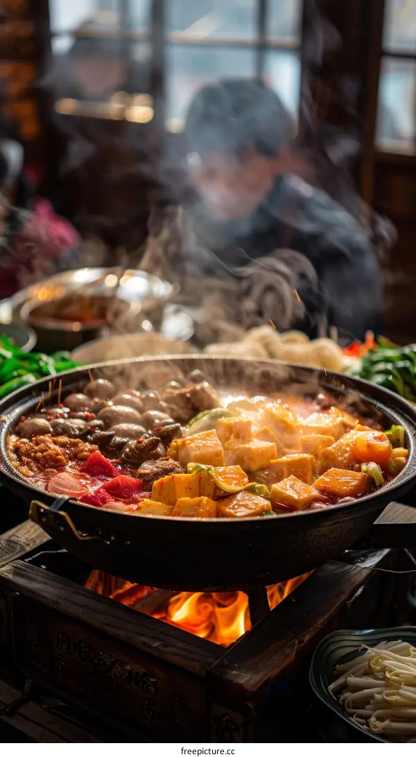 A group of people are sitting around a hot pot, which is a traditional Chinese dish.
