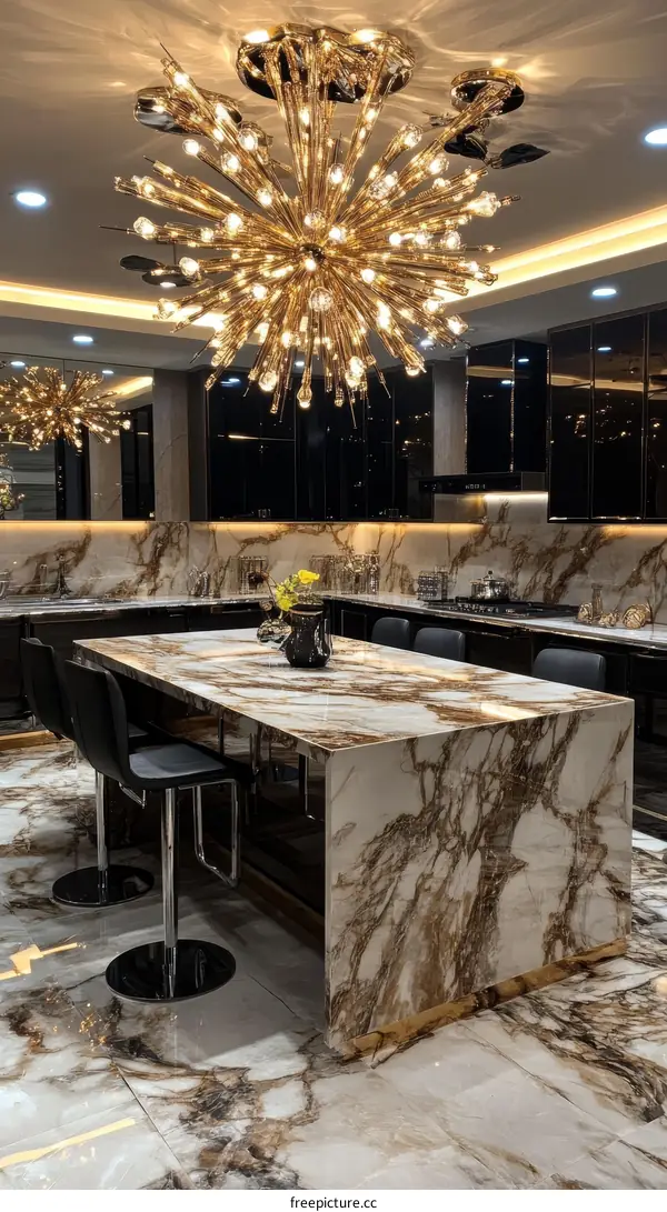 Luxury Kitchen Island with Exquisite Chandelier