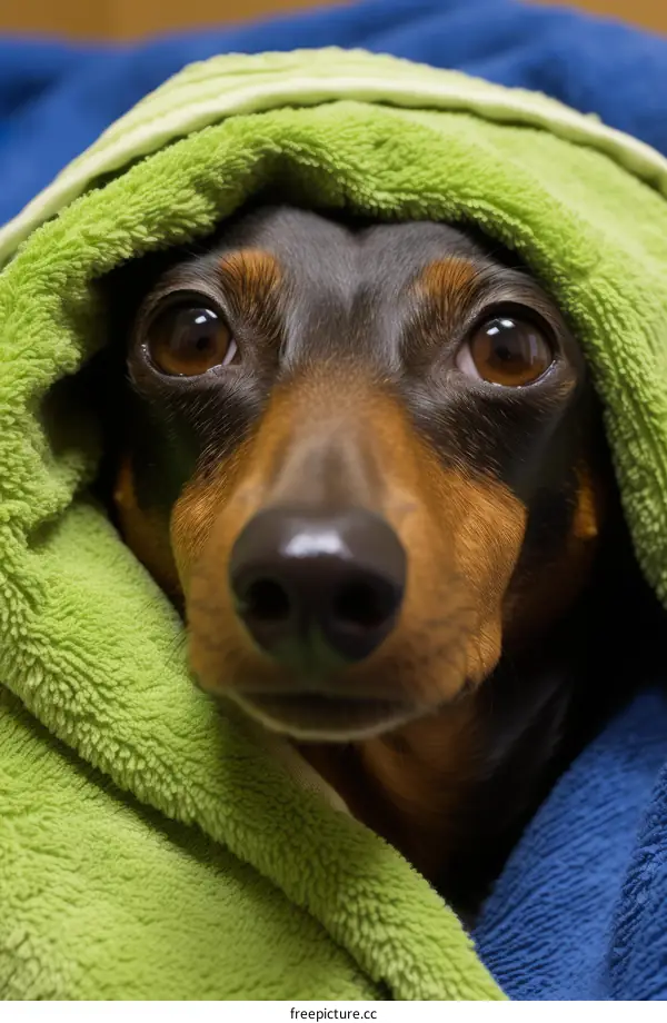 A dachshund dog wearing a green towel
