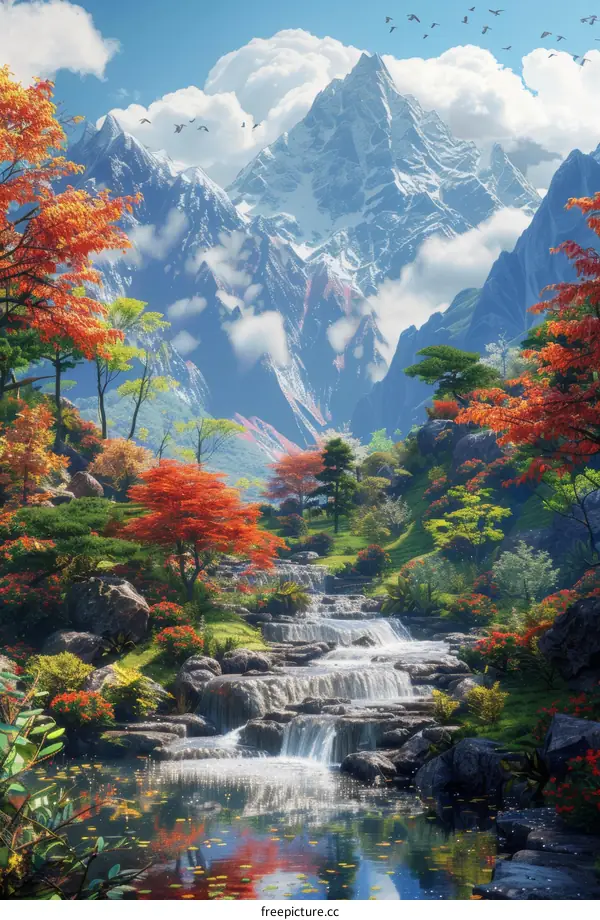 Colorful Trees and Mountains with a River Flowing through Them