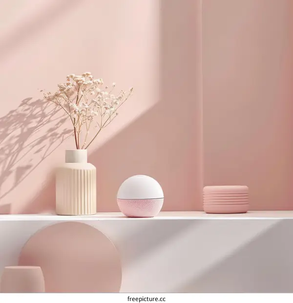 A White Sphere Humidifier Next to a Vase with Dried Flowers