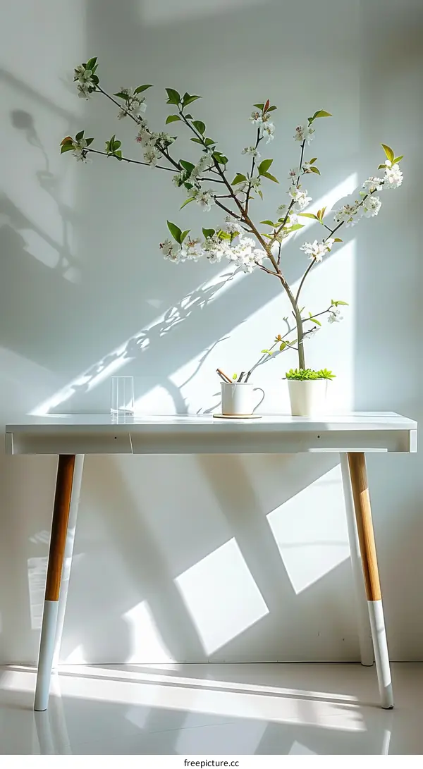 A beautiful photo of a white table with a vase of flowers on it
