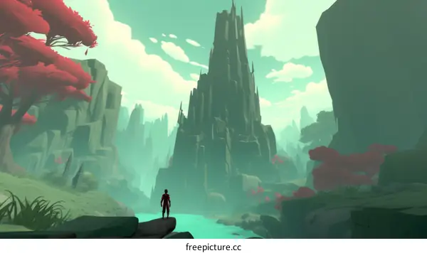 An illustration of a person standing on a rock in a valley looking at a large mountain in the distance