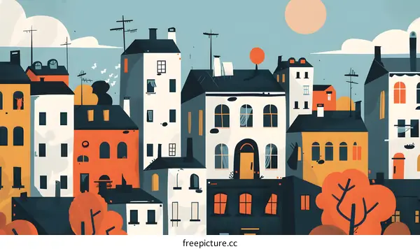 Colorful Illustration of Cityscape with Houses and Trees