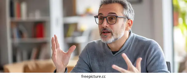 Middle Aged Man Talking with Passionate Gestures