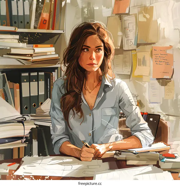 A thoughtful woman sits at her desk surrounded by paperwork.