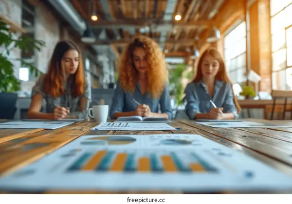 Three businesswomen in a meeting discussing ideas and strategies