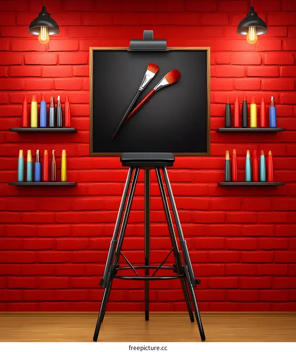 Artist Studio Easel with Paint Brushes and Red Brick Wall