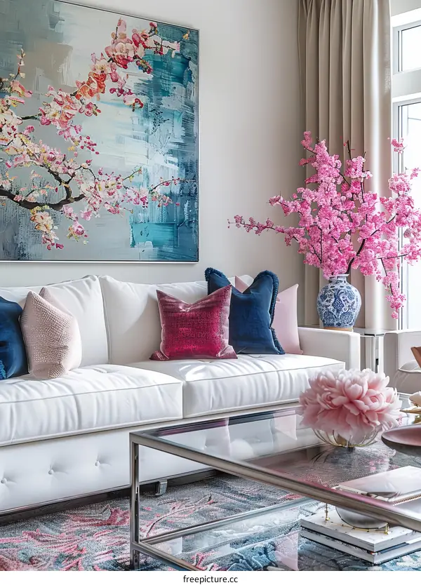 A beautiful living room with a large painting of cherry blossoms