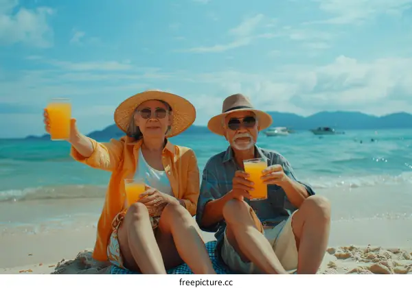 Happy retired couple relaxing and drinking juice on a tropical beach