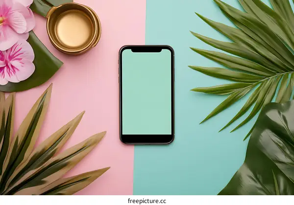 Flat Lay of Green Leaves, Pink Flower and Gold Bowl With Smart Phone on Pink and Blue Background