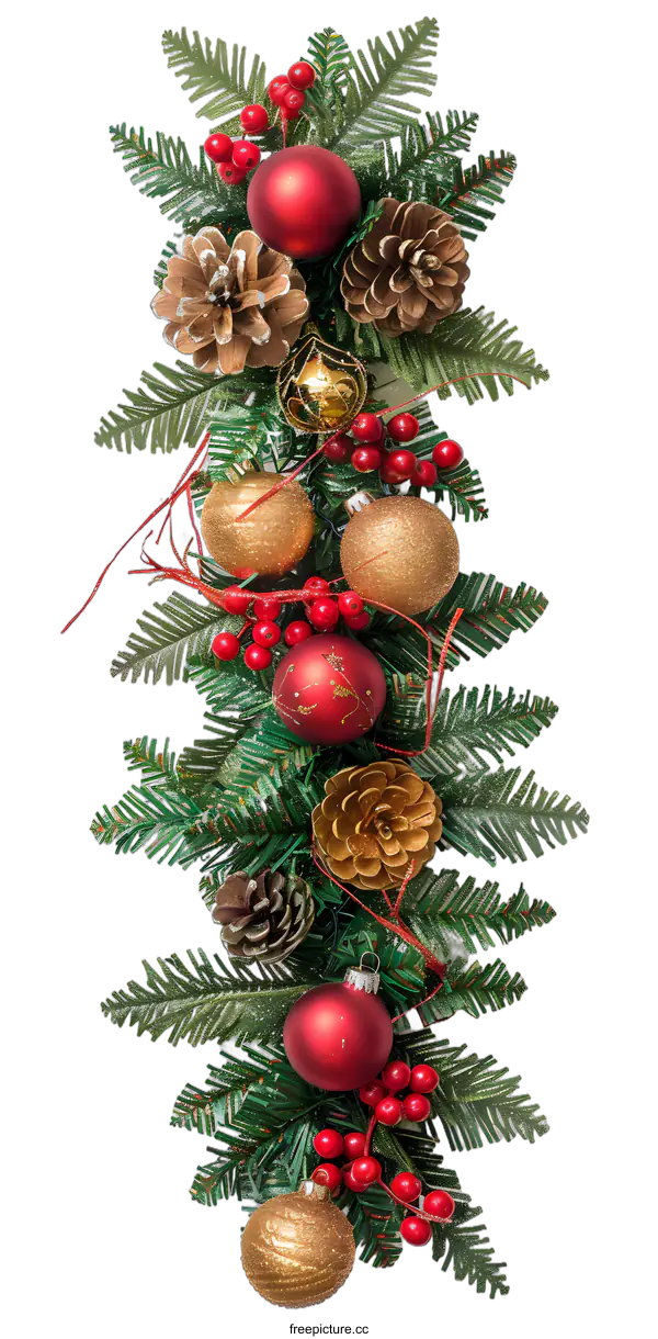 [Transparent Background PNG]Christmas Garland with Pine Cones and Red and Gold Ornaments